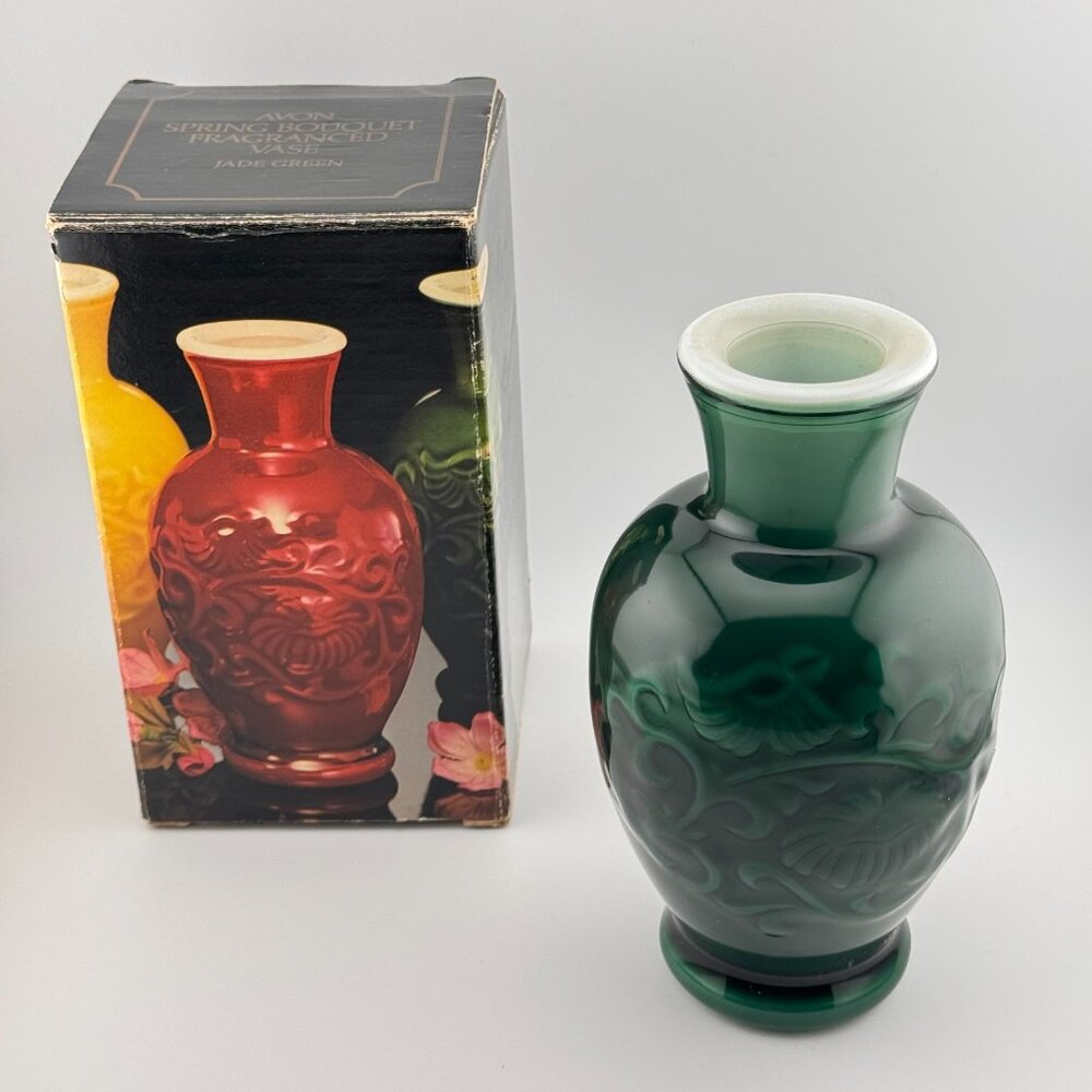 Vintage 1981 Avon Spring Bouquet Jade Green Milk Glass Fragrance Vase Collection